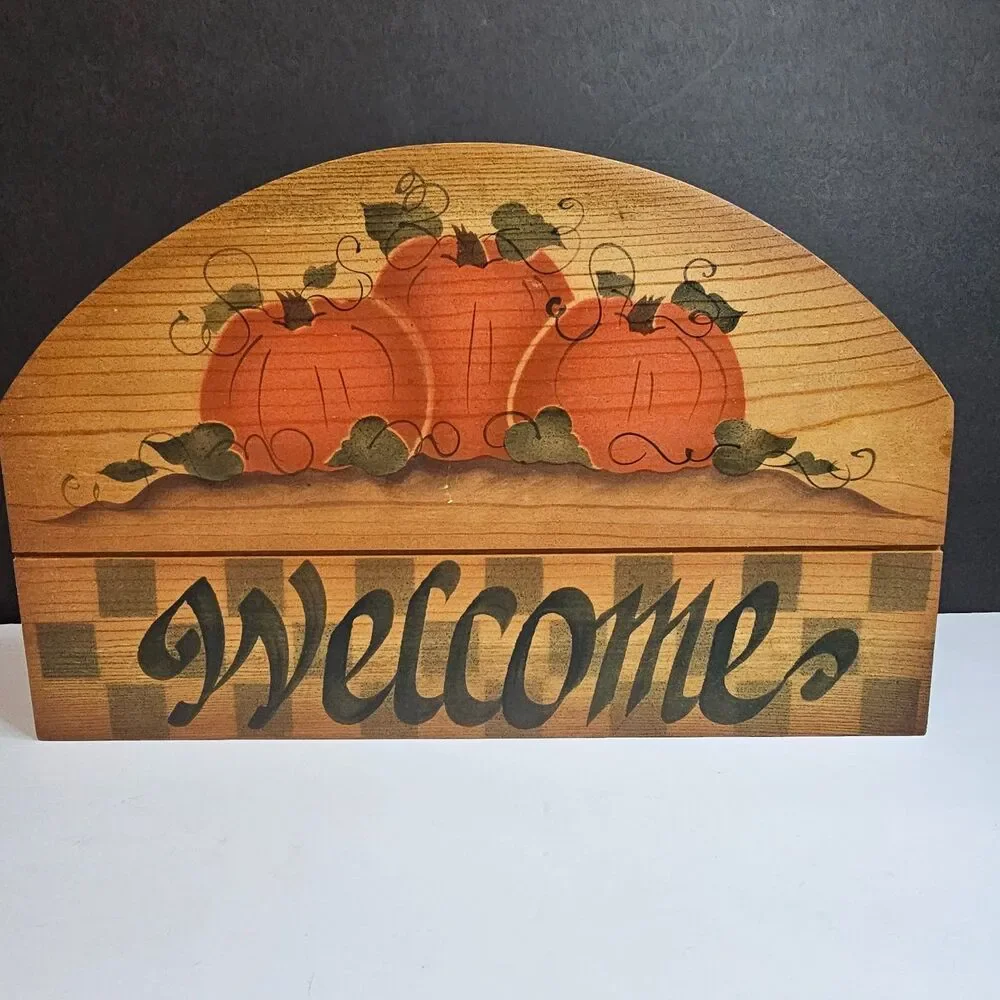 Vtg Handmade Fall Pumpkin Welcome Wooden Sign, Folk Art Country Farmhouse